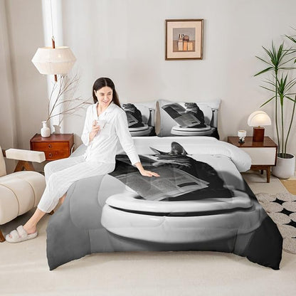 Erosebridal Cat Quilt Insert Queen Size Kawaii Kitten Bedding Set for Kids Boys Girls Newspaper Reading Cute 3D Black Grey White Comforter Warm Soft Comforter Set