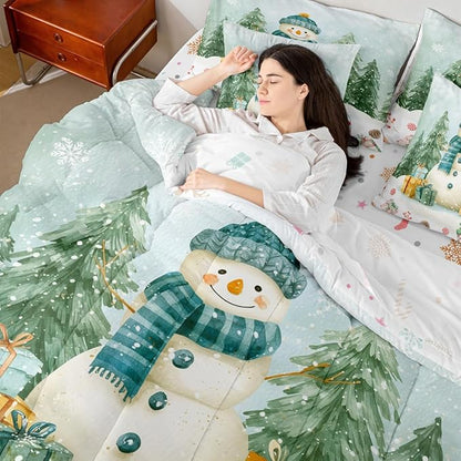 Kawaii Snowman Comforter Set 7 PCS,Cartoon Christmas Trees Gifts Bed Set for Girls Kids,Winter Christmas Theme Bed in a Bag Bedding Set with Comforter,Sheet Set,Pillowcases,Pillow Covers,Queen