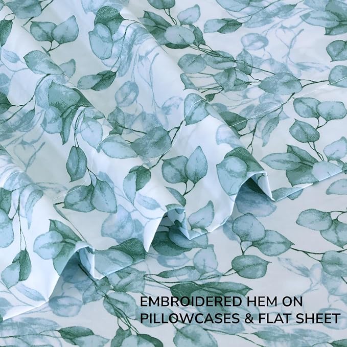 Feather & Stitch Printed 500 TC King Size 4pc Damask Bed Sheet Set, 100% Soft Cotton Breathable Bedsheets, 18" Deep Pockets Sateen Weave Striped Bedding Mattress Resort Hotel Luxury Decor - Green Leaf