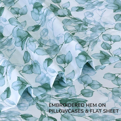 Feather & Stitch Printed 500 TC California King Size 4pc Damask Bed Sheet Set, 100% Soft Cotton Breathable Bedsheets, 18" Deep Pockets Sateen Weave Striped Bedding Mattress - Green Leaf
