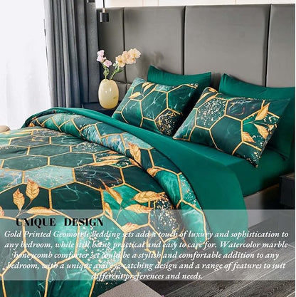 ANGIYUIN 7 Pieces Emerald Green Gold Comforter Set California King Size, Marble Watercolor Bed in A Bag for Women Men, Geometric Hexagon Gold Leaves Bedding Sets for All Season