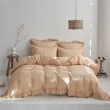 Simple&Opulence 100% Linen Duvet Cover Set, 3 PCS Natural French Flax Sand Ruffle Duvet Cover Queen Size, Breathable Comfy Linen Bedding Comforter Cover with 2 Pillowcases (Sand, 88" X 92")