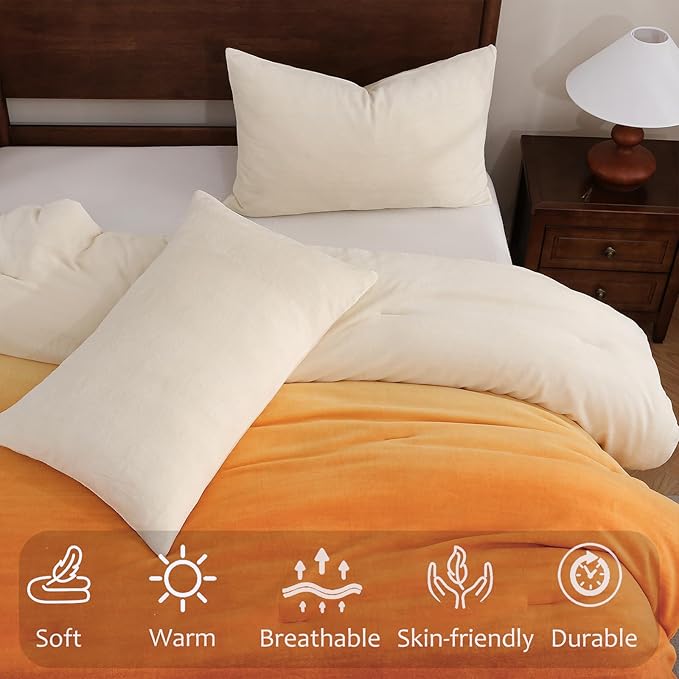 Bedbay Orange Gradient Plush Fleece Comforter Set King Size Ultra Soft Velvety Bedding Thick Warm Cozy Winter Quilt with 2 Pillowcases Luxury Sunset Ombre Fluffy Bed Set for All Seasons