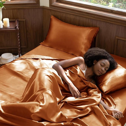 CozyLux Satin Sheets King Size Sheet Set - 4 Piece Silky King Sheets, Luxury Terracotta King Bed Set with Smooth and Soft Microfiber, Includes 1 Fitted Sheet, 1 Flat Sheet and 2 Pillowcases