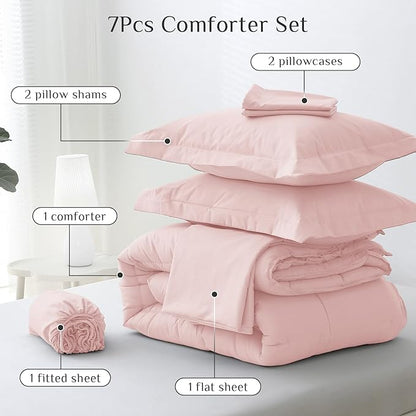 JOLLYVOGUE California King Comforter Set, Ultra-Soft Bed in a Bag Cal King Size 7 Pieces, Oeko-TEX Certified Bedding Set with Down Alternative Comforter, Sheets, Pillowcases & Shams, Blush Pink