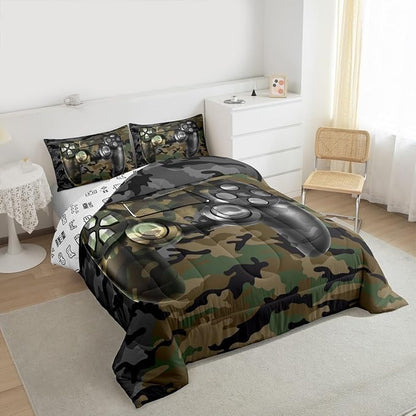 Feelyou Kids Gamer Comforter Set Camouflage Gaming Bedding Set for Boys Teens Green Black Camo Video Game Decor Comforter Gamer Console Quilt King Size Duvet Quilted 3Pcs Boys