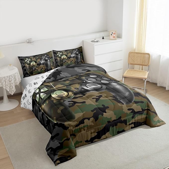 Kids Gamer Comforter Set Camouflage Gaming Bedding Set for Boys Teens Bedroom Green Black Camo Video Game Decor Comforter Gamer Console Quilt Set Full Size Duvet Quilted 3Pcs