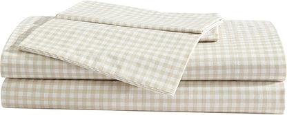 Eddie Bauer - Sheet Set, Cotton Percale Bedding with Matching Pillowcase, Crisp & Breathable, 200-Thread Count, Classic Comfort Essentials (Little Gingham Beige, Twin)