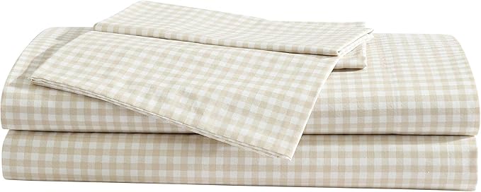 Eddie Bauer - Sheet Set, Cotton Percale Bedding with Matching Pillowcase, Crisp & Breathable, 200-Thread Count, Classic Comfort Essentials (Little Gingham Beige, Queen)