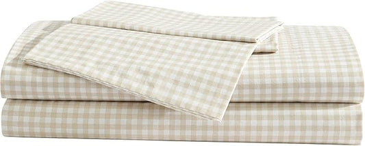 Eddie Bauer - Sheet Set, Cotton Percale Bedding with Matching Pillowcase, Crisp & Breathable, 200-Thread Count, Classic Comfort Essentials (Little Gingham Beige, King)