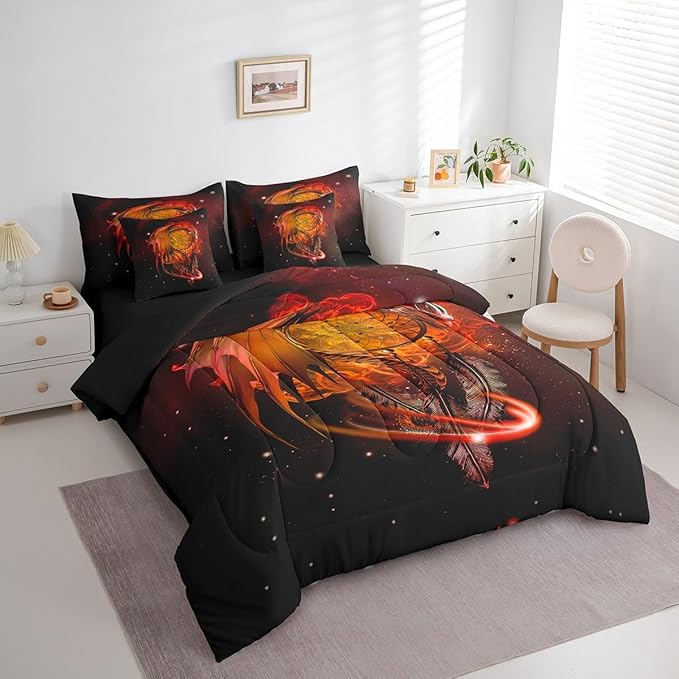 Erosebridal Gothic Dragon Dream Catchers Bed in a Bag Queen Comforter Set 7 Piece,Orange Galaxy Bohemian Feather Bedding Sets Antique Animal Pterosaur Sheet Set with Comforter