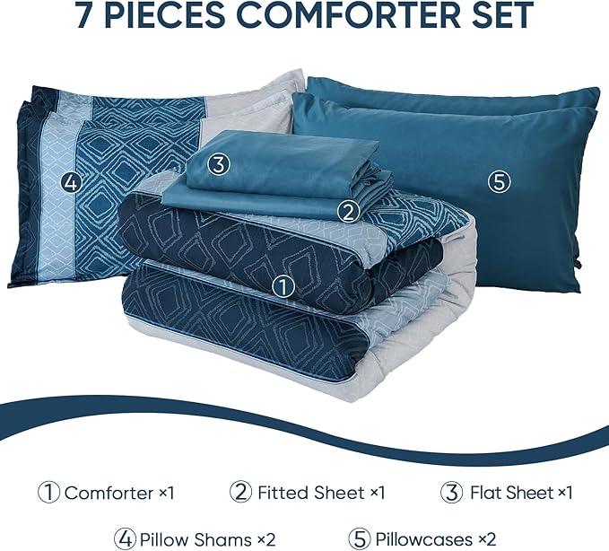 Dinjoy Queen Comforter Set Navy Blue, 7 Piece Boho Bed in a Bag Queen Size Striped Fall Bedding Sets Comforters with Plaid Bed Set with Sheets for Women Men