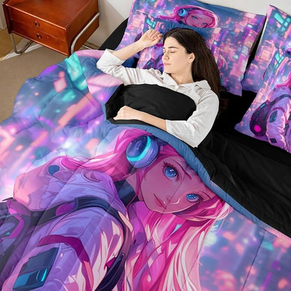 Erosebridal Anime Girl Full Comforter Set 7 Piece Japanese Style 3D Anime Bedding Set for Kids Girls Boys Room Decor,Sci Fi Style Gaming Bed in A Bag Hot Pink Colorful Bed Bed Set