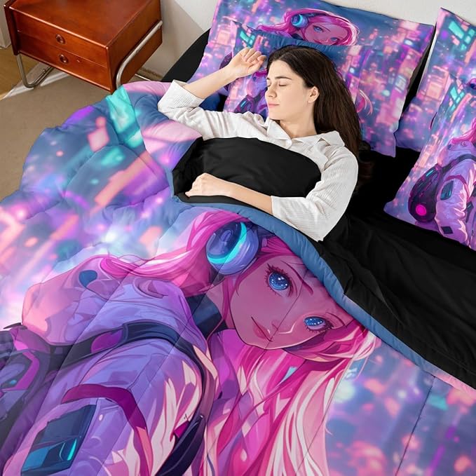 Erosebridal Anime Girl Twin Comforter Set 7 Piece Japanese Style 3D Anime Bedding Set for Kids Girls Boys Room Decor,Sci Fi Style Gaming Bed in A Bag Hot Pink Colorful Bed Bed Set