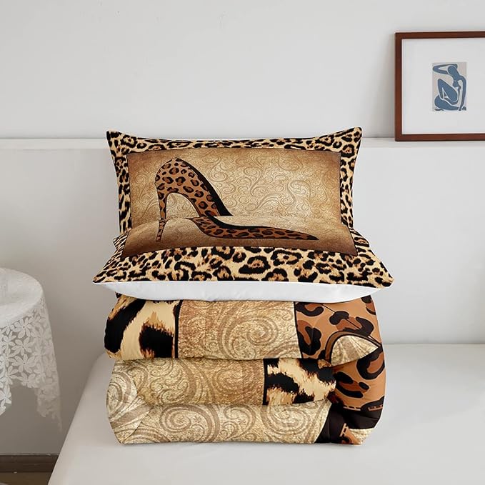 Leopard High Heels Comforter Set King Size Romantic Mandala Floral Bedding Set 3pcs for Kids Girls Women Adult Room Decor Wild Animals Skin Quilt Set Fashion Brown Duvet Insert,2 Pillowcases