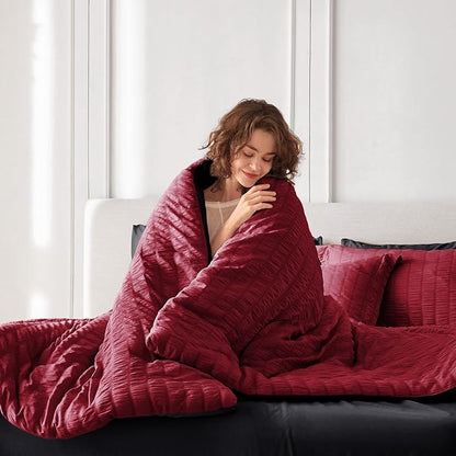 MUXHOMO 5 Pieces Twin Comforter Set, Seersucker Bed in a Bag Twin Size, All Season Luxury Bedding Set with Comforter, Flat Sheet, Fitted Sheet, Pillowcase & Sham, Red & Black