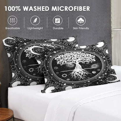 7 Pcs Full Size Comforter Set with 2 Pillowcases & 2 Shams, Black Gothic Tree of Life Bedding for Kids and Adults, Nature Sun and Moon Bed in a Bag with Flat Fitted Sheet