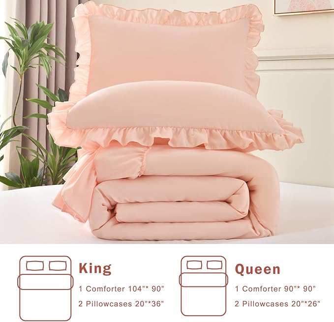 Cupocupa Pink Ruffle King Size Comforter Set, Shabby Chic Boho Bedding Comforter Sets, Fluffy Cozy Bedding Comforters & Sets for All Season, 3PCS Lightweight Farmhouse Rustic Bedding Sets