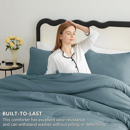 CozyLux Queen Comforter Set Mineral Blue, 3 Pieces Solid Comforters Queen Size Breathable Bedding Sets, Luxury Soft Lightweight Bed Set with Down Alternative Comforter and 2 Pillowcases All Seasons