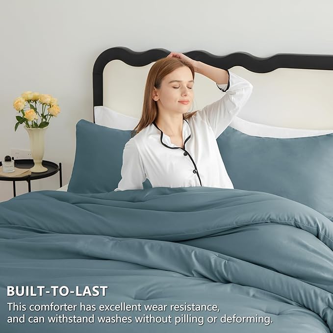 CozyLux Full Size Comforter Set Mineral Blue, 3 Pieces Solid Breathable Quilted Bedding Sets, Luxury Lightweight Soft Bed Set with Down Alternative Comforter and 2 Pillowcases for All Seasons