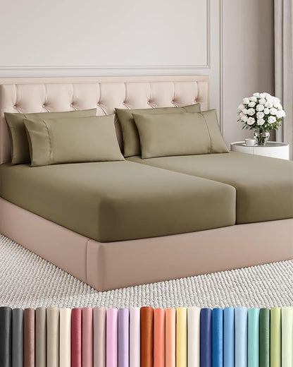 Split King 7 Piece Sheet Set - Comfy Breathable & Cooling - Ultra-Soft Hotel Luxury Bedding Set w/ 8-16 Inch Deep Pockets - 1 Flat & 2 Fitted Sheet & 4 Pillowcases - Wrinkle Free & Easy Care - Khaki