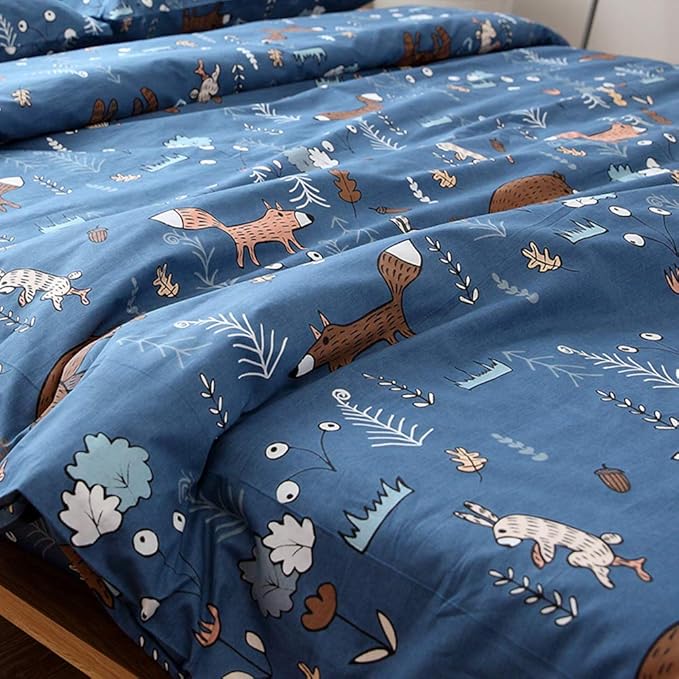 CLOTHKNOW Kids Queen Comforter Set Blue Animal Bedding Comforter Sets Soft Cartoon Forest Fox Rabbit Comforter with 2 x Pillow Cases