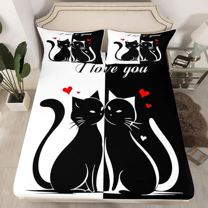Cats Lovers Sheets Set King,Cute Cat Valentine's Day Decor Bedding Set for Youth Women Bedroom,Black and White Couples Bed Set with Deep Pocket Fitted Sheet with 2 Pillow Case