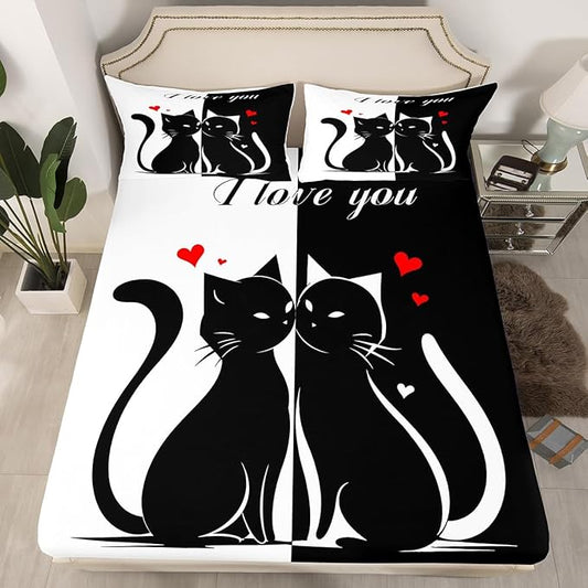Cats Lovers Bed Sheet Queen Set,Cute Cat Valentine's Day Sheets Sets Boys Girls Bedroom Decor,Black and White Couples Bedding Set with Flat,Fitted Sheet,2 Pillow Cases