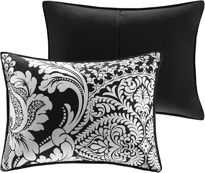 Madison Park Vienna Sateen Cotton Comforter Set, Breathable, Soft Cover, Trendy, All Season Down Alternative Cozy Bedding with Matching Shams, Queen, Black 7 Piece
