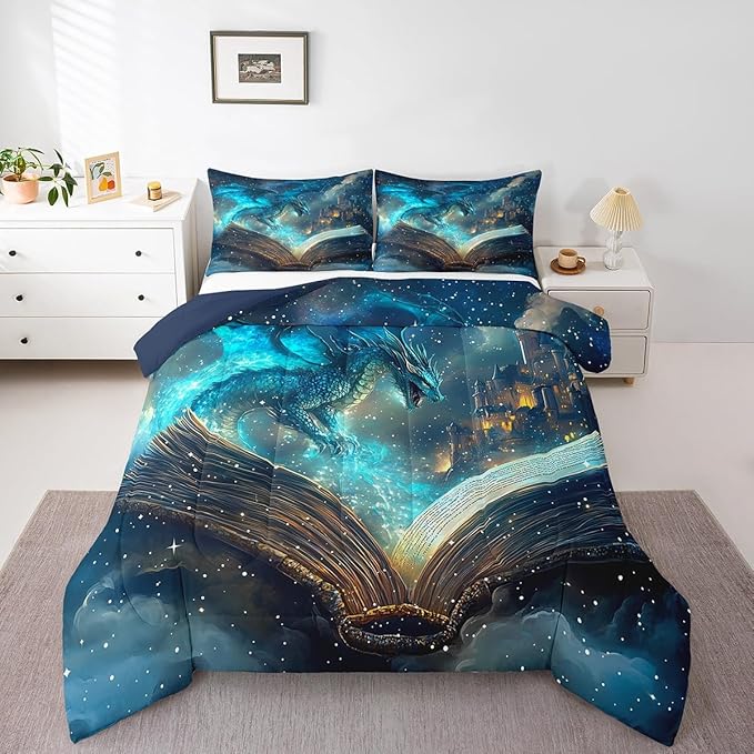 Flying Dragon Comforter Set Queen Size Magical Book Pattern Bedding Set Bedroom Decor Vintage Mid-Century Castle Quilt Set Comfortable Breathable Neon Burning Flame Duvet Insert 3Pcs