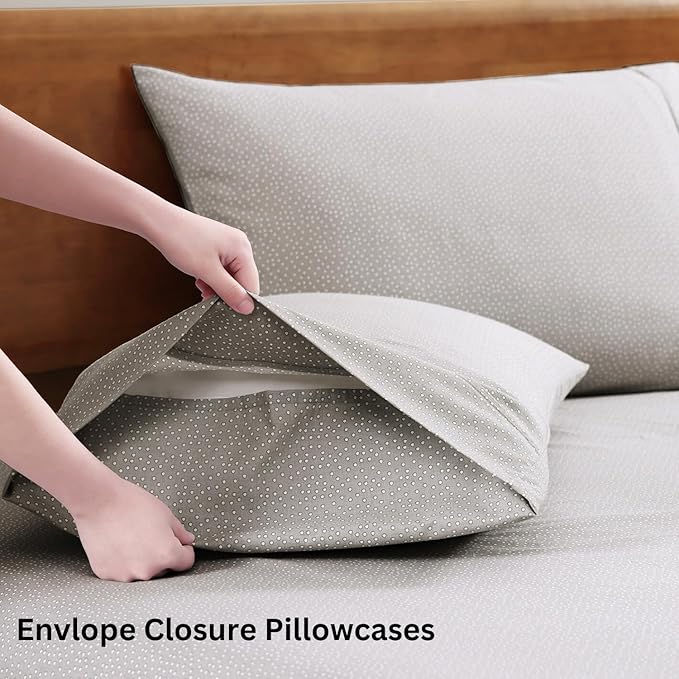 LANE LINEN 100% Organic Cotton Grey (White Dot) Queen-Sheets Set 4-Piece Long Staple Percale Weave Bedding Sheets for Bed Breathable GOTS Certified Fits Mattress Upto 15inch Deep