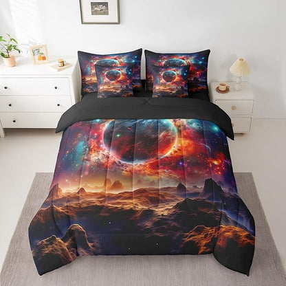Erosebridal Planet 7 Piece Comforter Set Full Bed in a Bag,Sun Moon Galaxy Bedding Sets Universe Nebula Outer Space Sheet Set with Comforter