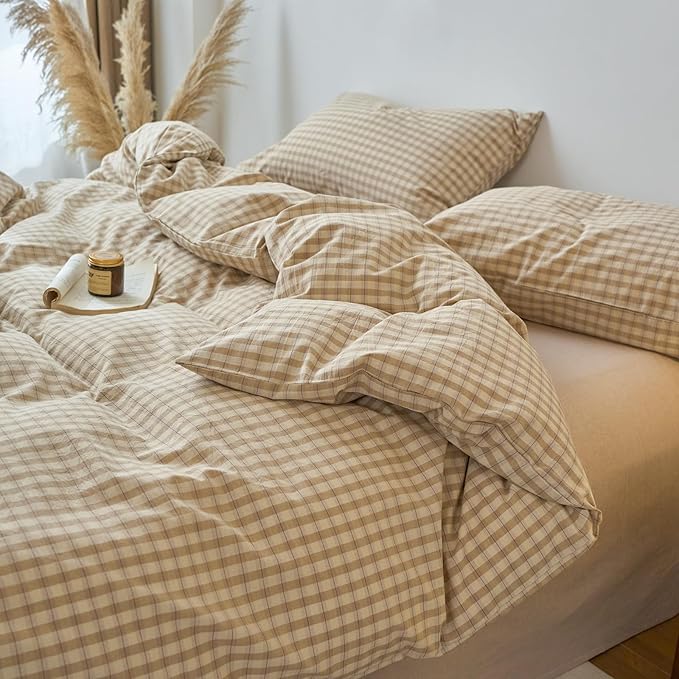 EAVD Vintage Style Brown&Beige Plaid Duvet Cover Full Soft 100% Washed Cotton Chic Checkered Gingham Bedding Set with 2 Pillowcases Farmhouse Brown Gingham Duvet Cover with Zipper Closure