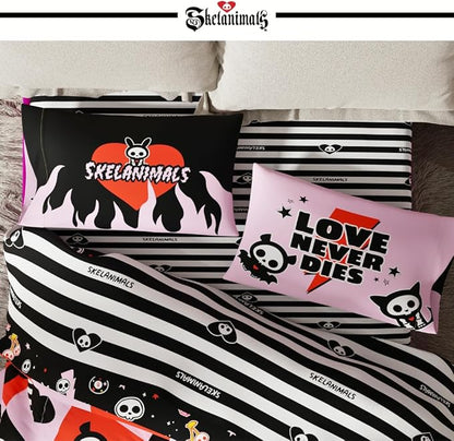 Skelanimals Bedding 7 Piece Full Bed Set, Soft Checkered Comforter and Sheet Set with Sham, Kit The Cat, (Officially Licensed Product) by Franco Collectibles