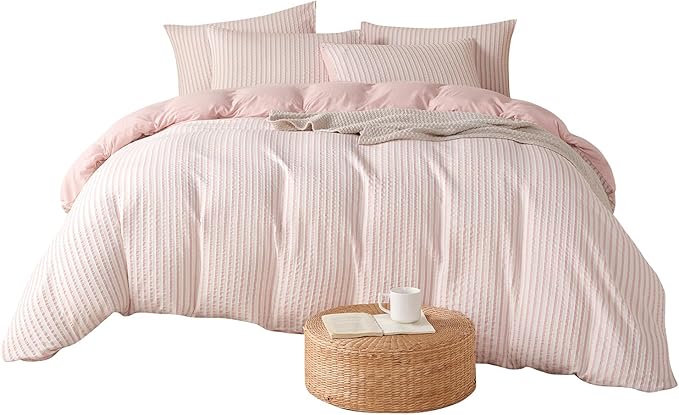 Striped Comforter Set Queen Pink Soft Luxury Washed Microfiber Jacquard 3 Pieces Bedding Set, White Pink Vertical Ticking Stripes Pattern Comforter with 2 Pillowcases Breathable Durable Comfy