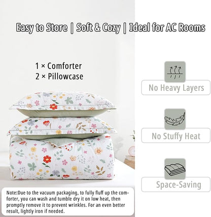 Botanical Cotton Comforter King Size 3Pcs - Colorful Flowers, Berries and Leaves on White, Chevron Sage Green Back, Reversible Lightweight Bedding Sets with Soft Fill(King, 104"×90")