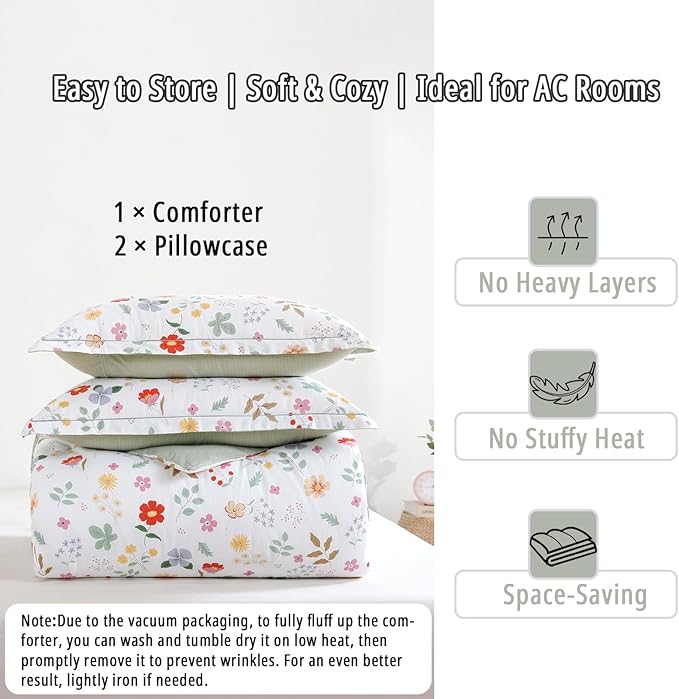 Botanical Cotton Comforter Queen Size 3Pcs - Colorful Flowers, Berries and Leaves on White, Chevron Sage Green Back, Reversible Lightweight Bedding Sets with Soft Fill(Queen, 90"×90")