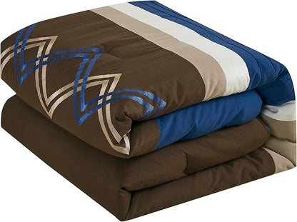 Chezmoi Collection Arden 7-Piece Modern Pleated Stripe Embroidered Zigzag Bedding Comforter Set (Oversized King, Coffee/Brown/Navy/White)