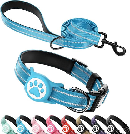 Airtag Dog Collar and Leash Set,Reflective Ultra-Durable Nylon Padded with QR Buckle & IP68 Waterproof Air Tag Holder Compatible for Apple AirTag, Comfortable for Small Medium Large Dogs (Blue Set,S)