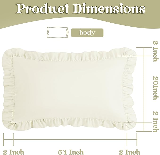 KKJIAF Ruffle Body Pillow Cases Set of 1, Ruffled Pillow Covers with Envelope Closure, Wrinkle Resistant Ruffled Long Pillow Shams 20" x 54", Beige