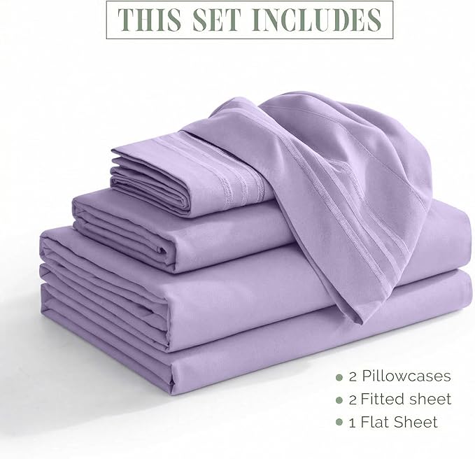 Elegant Comfort Luxurious 1500 Premium Hotel Quality Microfiber Three Line Embroidered Softest 5-Piece Bed Sheet Set, Wrinkle and Fade Resistant, Split King, Lavender