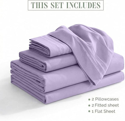 Elegant Comfort Luxurious 1500 Premium Hotel Quality Microfiber Three Line Embroidered Softest 5-Piece Bed Sheet Set, Wrinkle and Fade Resistant, Split King, Lavender