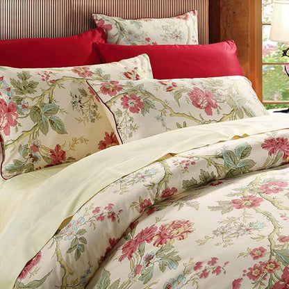 mixinni Red Floral Duvet Cover Queen Green Leaves Pattern Bedding Duvet Cover Set with Zipper Closure 4 Corner Ties for Him and Her-(3pcs, Queen Size)