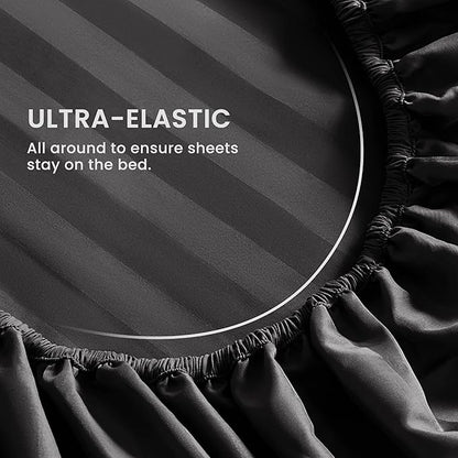 SLEEP ZONE Striped Cooling Sheets Set Full Size - Fitted Flat Sheet & Pillowcase Sets 4 Piece - Super Soft Stripe Bed Sheet, Easy Care, Deep Pocket (Black, Full)