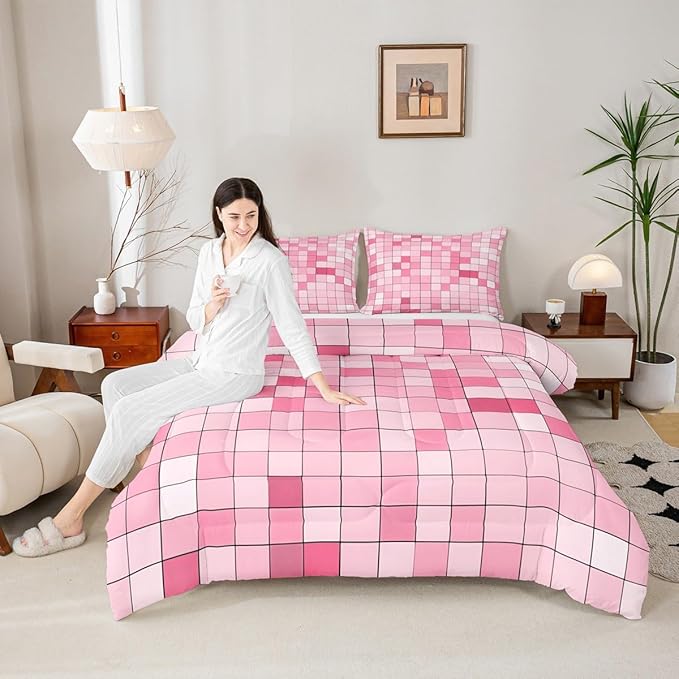 Pixelated Blocks Miners Comforter Set King Size,Video Games Game Gamepad Kids Bedding Set,Geometric Grid Patchwork Quilt Comforter,Pink Duvet Insert,2 Pillowcases