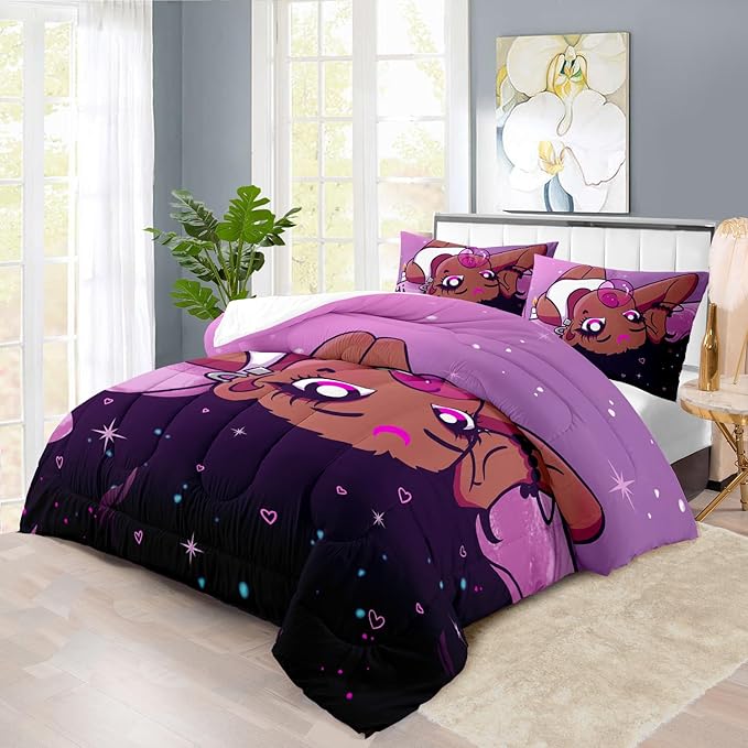 Black Girl Comforter Set Queen Cute Bedding Set College Dorm Girl Cartoon Teen Black and Pink Comforter Queen Kawaii Room Decor Cartoon Bedding Quilt Decor Kids