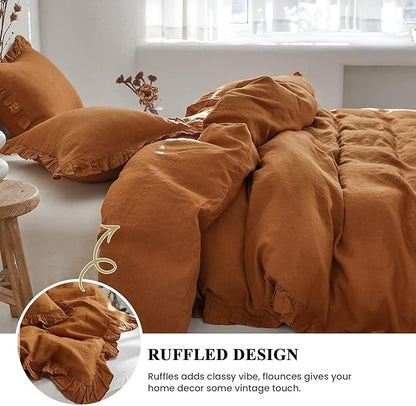 Simple&Opulence 100% Linen Duvet Cover Set, 3 PCS Natural French Flax Rust Ruffle Duvet Cover Queen Size, Breathable Comfy Linen Bedding Comforter Cover with 2 Pillowcases (Rust, 88" X 92")