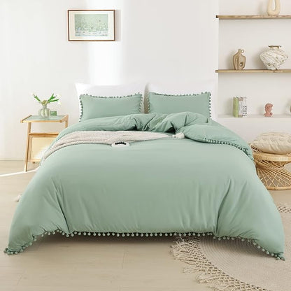 YIRDDEO King Size Comforter Set - King Size Comforter with Ball Pom Fringe, Soft King Bedding Set for All Seasons - 3 Pieces, 1 Comforter (104"x90"inches) & 2 Pillow Shams(20"x36"), Sage Green