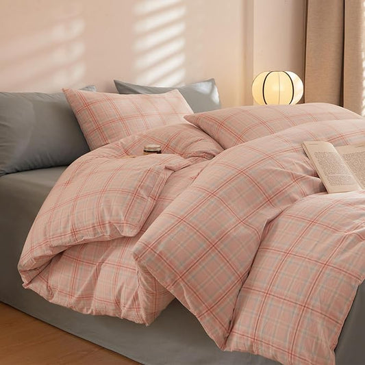 HighBuy Queen Comforter Set Gingham Plaid Boho Chic Bedding Comforter Bed Set Pink Checkered Grid Pattern Soft Fluffy Boho Comforter for Women Girls Queen Bed,Skin Friendly,All Season