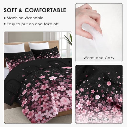 King Size Comforter Set with 2 Pillowcases, Spring Cherry Pink Flower Tree Soft 3 Pcs Bedding for Kids and Adults Bedroom Bed Decor